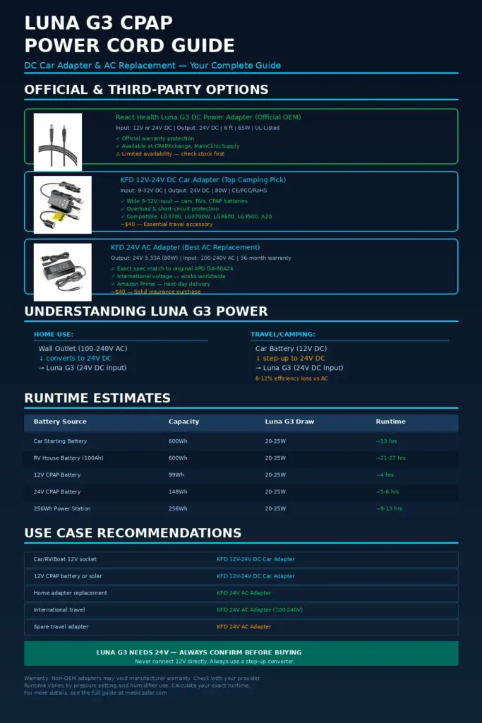 Luna G3 CPAP Power Cord: DC Car Adapter and AC Replacement Guide